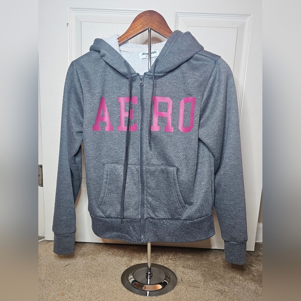 Aeropostale Gray Full Zip Hoodie Pink AERO Logo Fleece Lined Y2K Size S/P